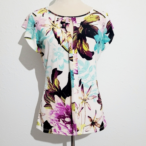 Worthington Floral Flutter Sleeve Keyhole Neck Top Blouse Woman's Size Small - Picture 1 of 9